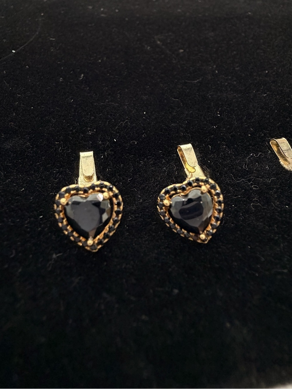 Gold Heart Drop Earrings with Black Gemstone
